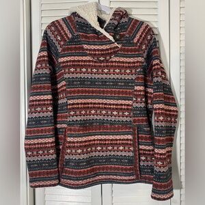 Sherpa Fleece Hoodie Koppen Sweater Size XL Red/Black Striped Hooded Pocket